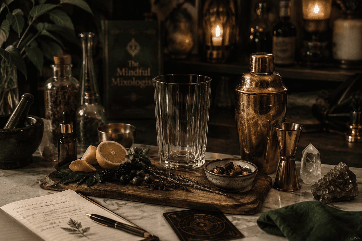 mixology set up with herbs, flowers, fruits and bartender tools