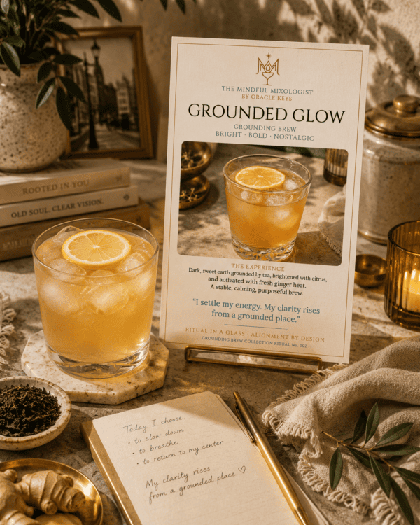Grounded Glow Grounding Brew with the Ritual Card on a sunny day with a journal