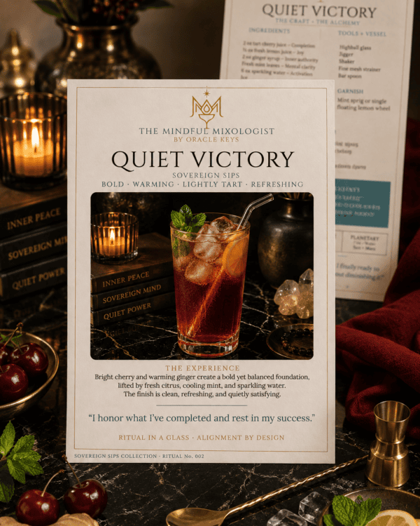 Quiet Victory Ritual card on a table with cherries, ginger and barware.